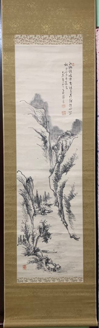 ②⑧ 中国？漢詩山水水墨画掛軸　署名捺印有り　作者不明