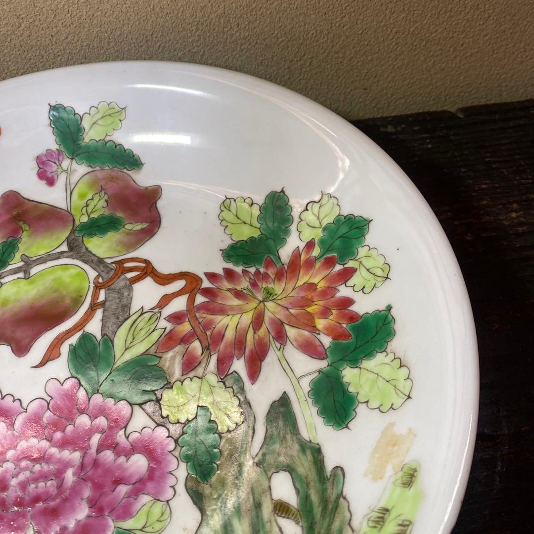 中国美術　古玩　粉彩草花文大皿
