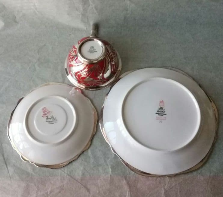 逸品　ローゼンタール　純銀巻朱地装飾図紋　トリオ　ファインシルバー　アンティーク