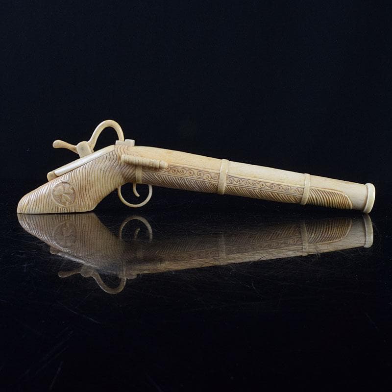 時代提げ物　獣骨彫刻　銃型　矢立　筆入　C　9209
