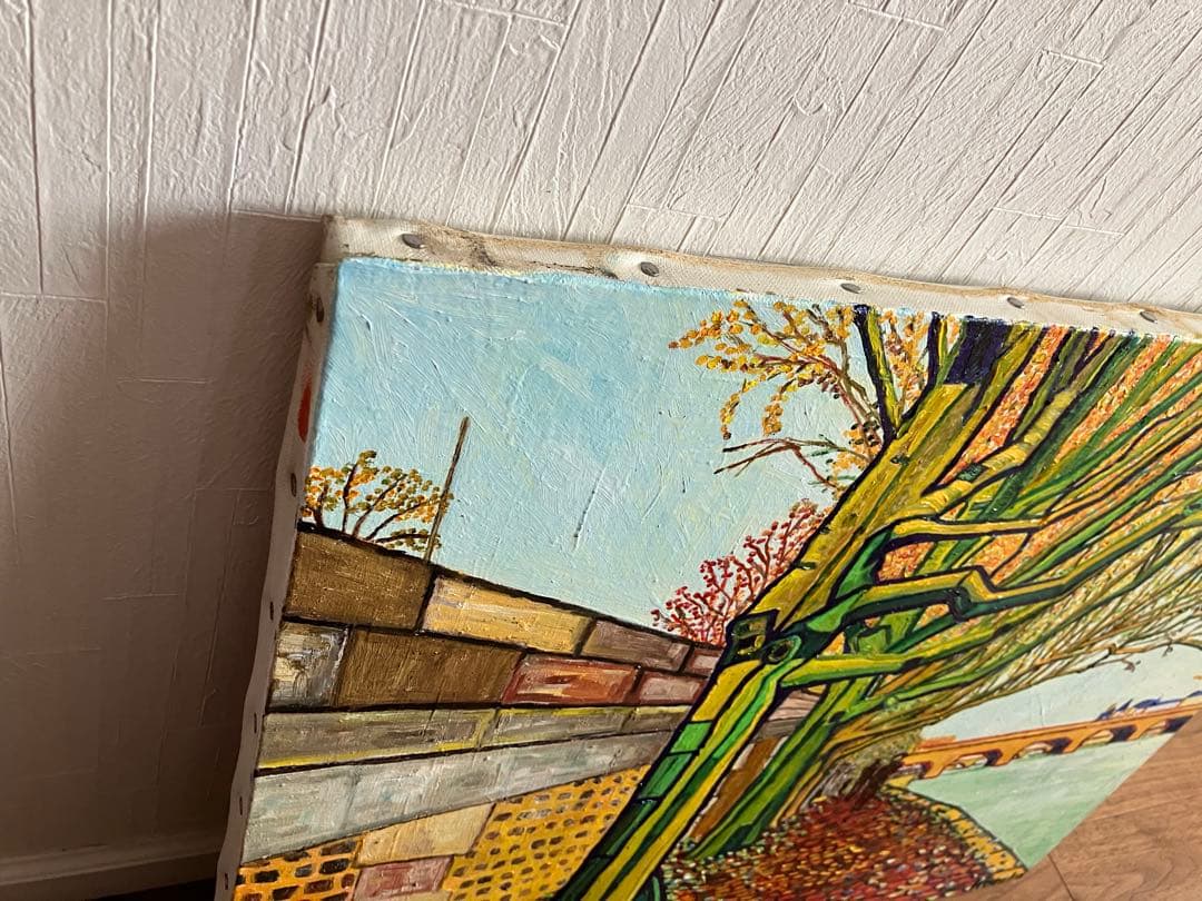 絵画　油絵　風景画　川沿いの並木道　F12