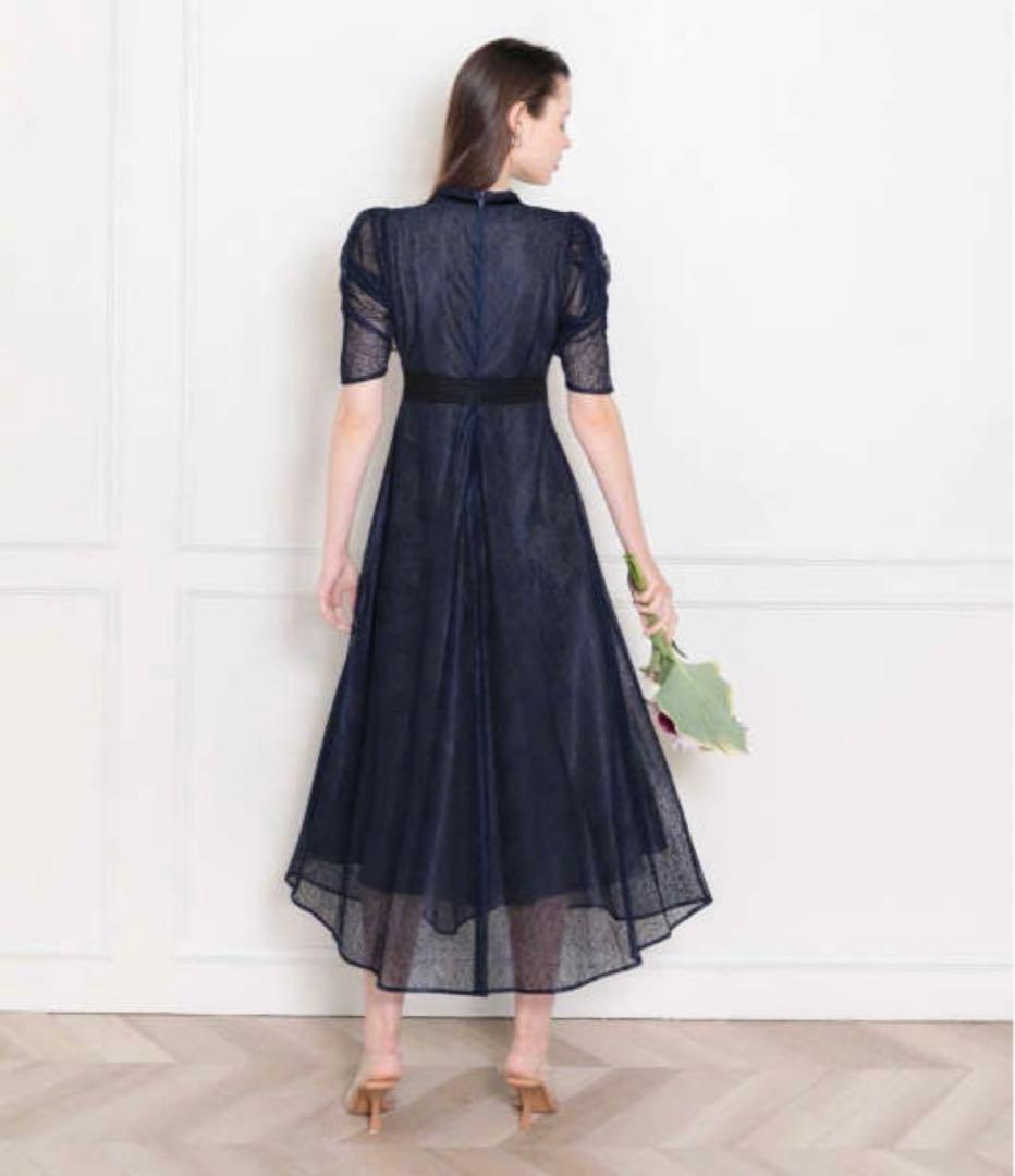 【leja】 ウエストマークパフスリーブ総レースロングドレスワンピース