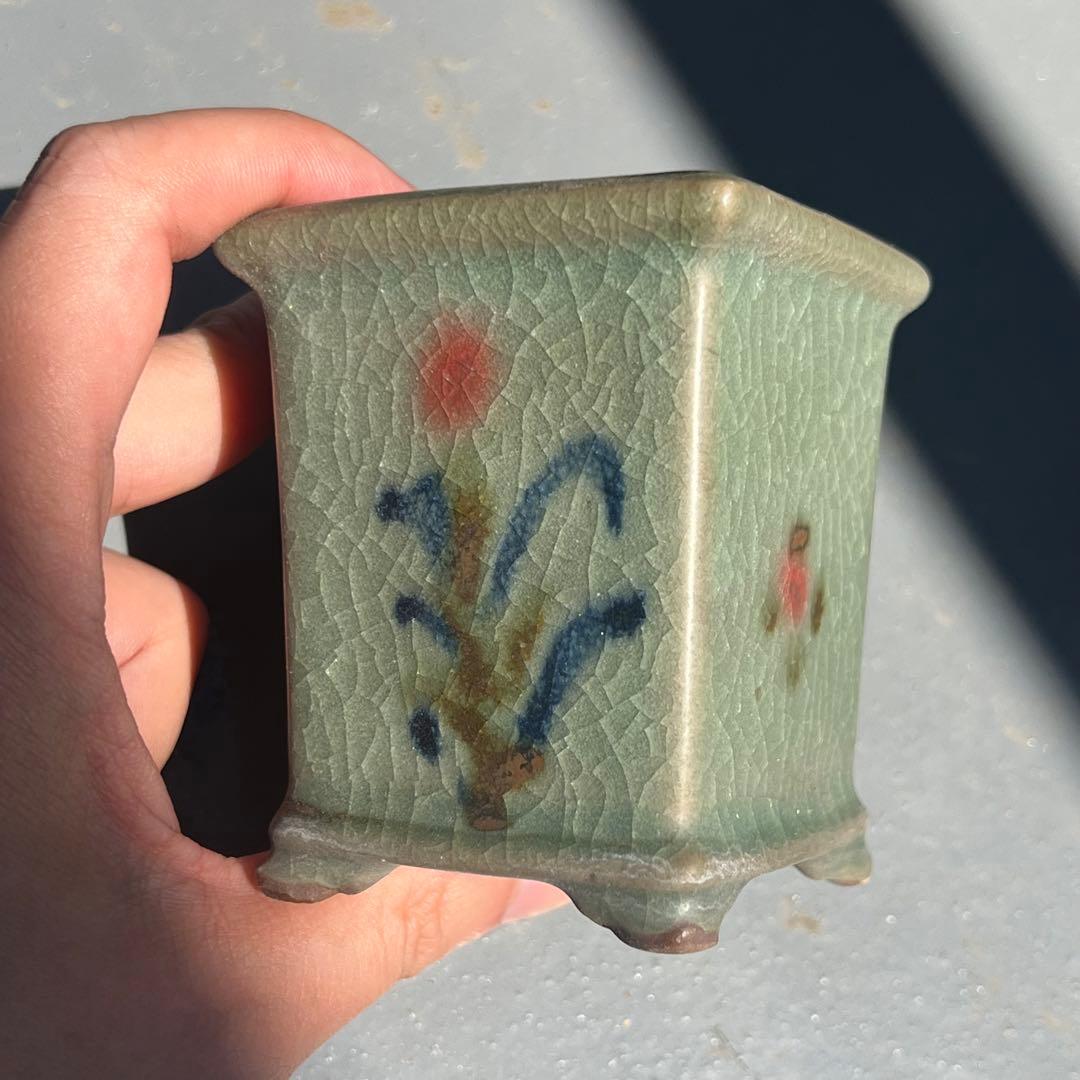 771.平安虹泉 雲足正方 盆栽鉢 植木鉢 6.5*6.5*7.9cm