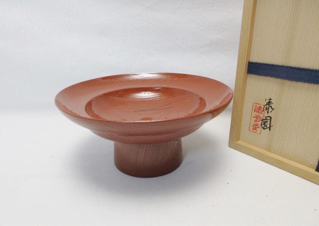 ほぼ未使用 茶道具 漆園作 木製朱塗 松葉蒔絵 高杯 干菓子器 煎茶道具 共箱