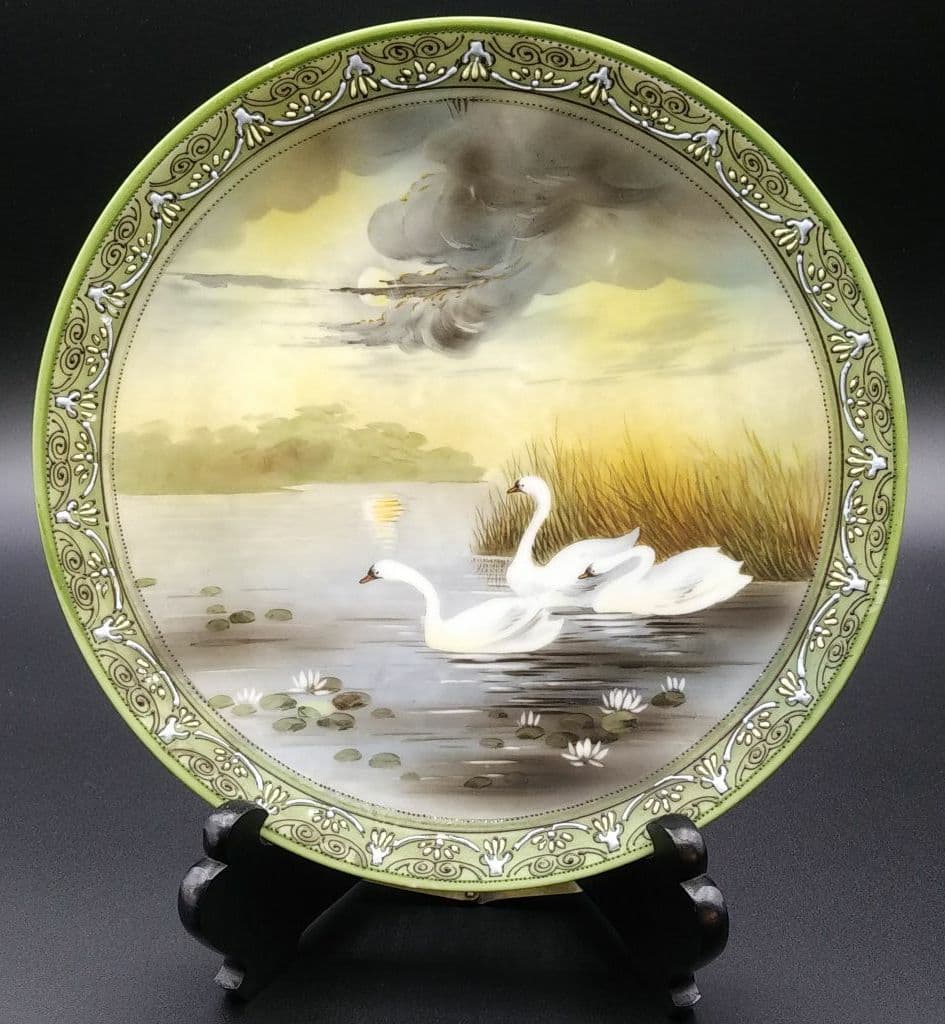 希少 オールドノリタケ グリーン スワン シーン 飾り皿