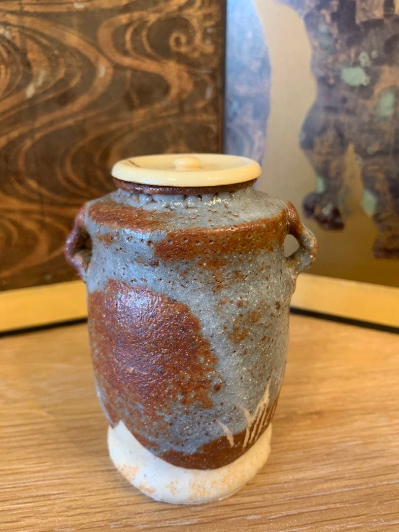 志野焼  桃山窯  林英仁作  茶入 仕覆 共箱   17