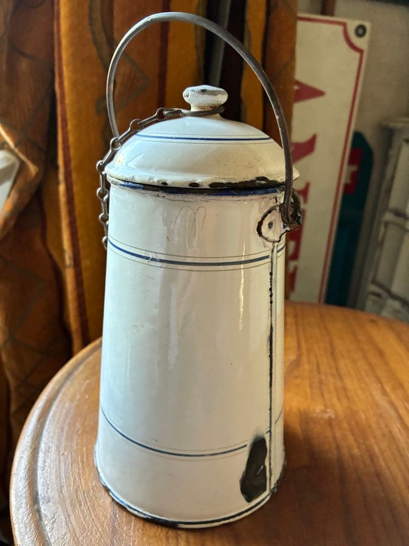 フランス　アンティーク ホーロー ミルク　ポット　キャリー 缶ホワイト　シャビー
