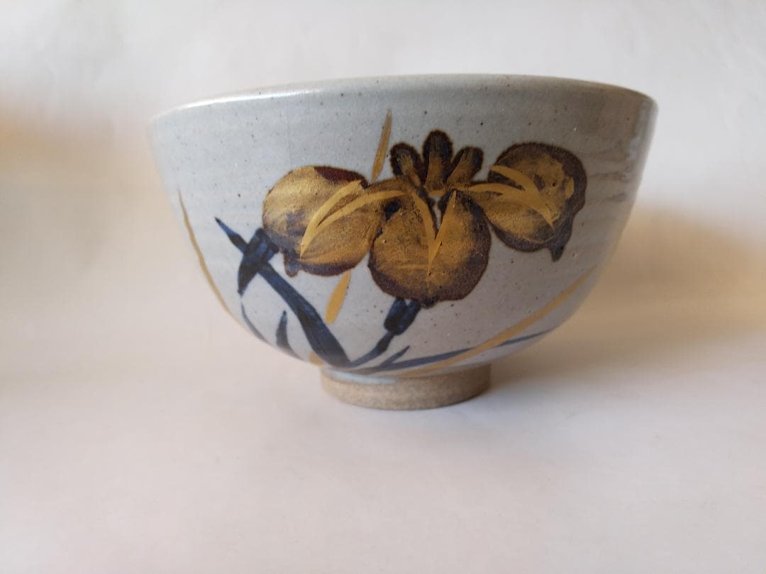 膳所焼 淡海ぜぜ 陽炎園 岩崎新定 金彩 菖蒲ノ絵 茶碗 共箱 共布 栞 美品