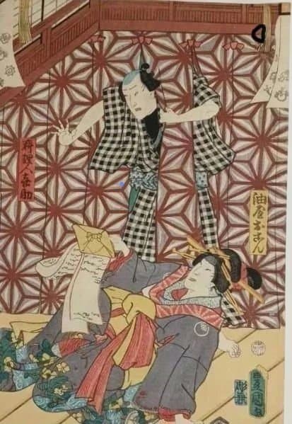 浮世絵版画、役者絵三枚綴りの内1枚売り。三代歌川豊国画、安政6年6月出版