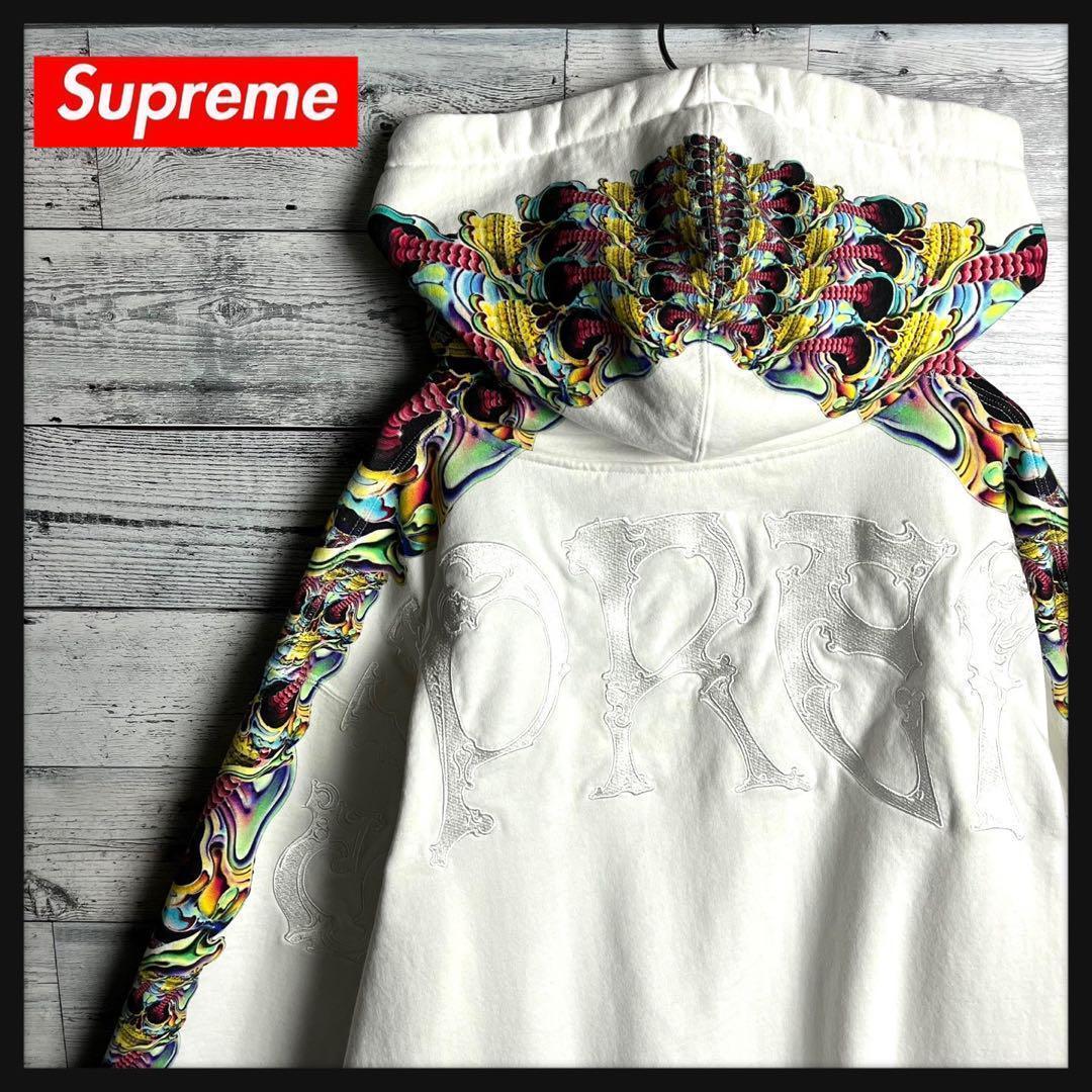 【希少XLサイズ】シュプリーム⭐︎刺繍ロゴ入り ジップアップ パーカー ホワイト.