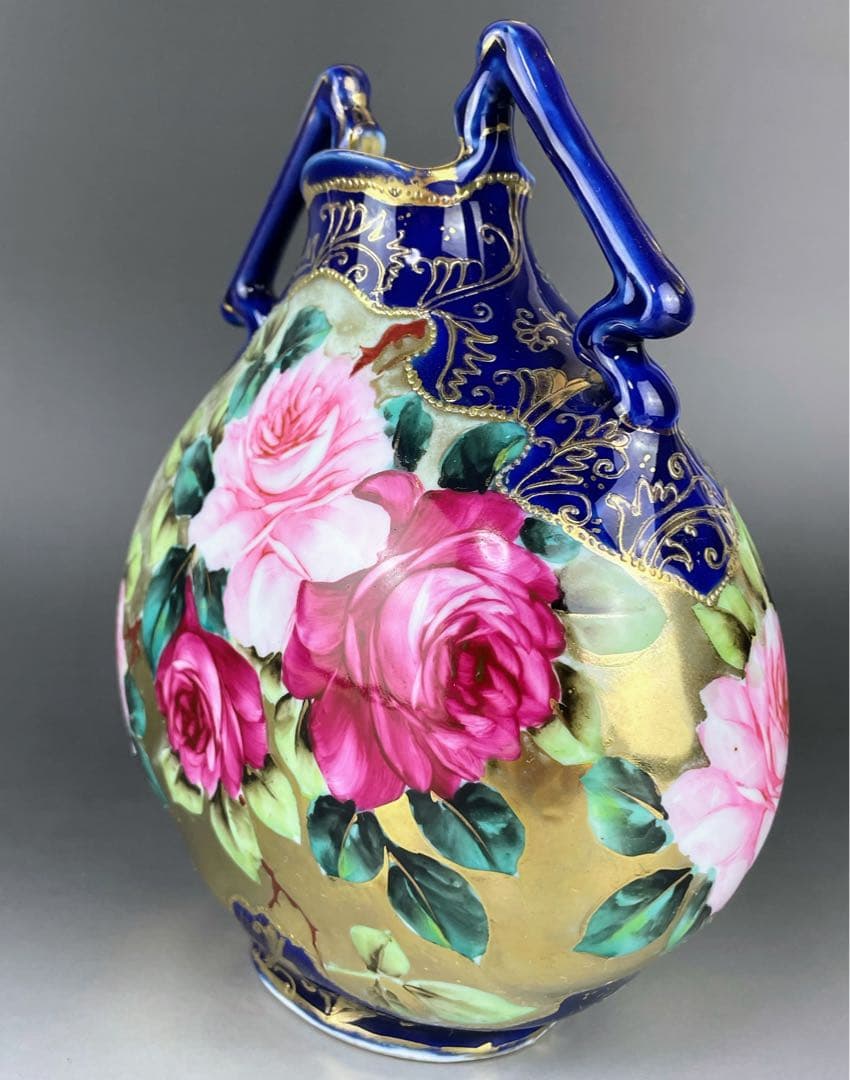 【美品】オールドノリタケ コバルト地 金盛り 薔薇紋 花瓶 メープルリーフ
