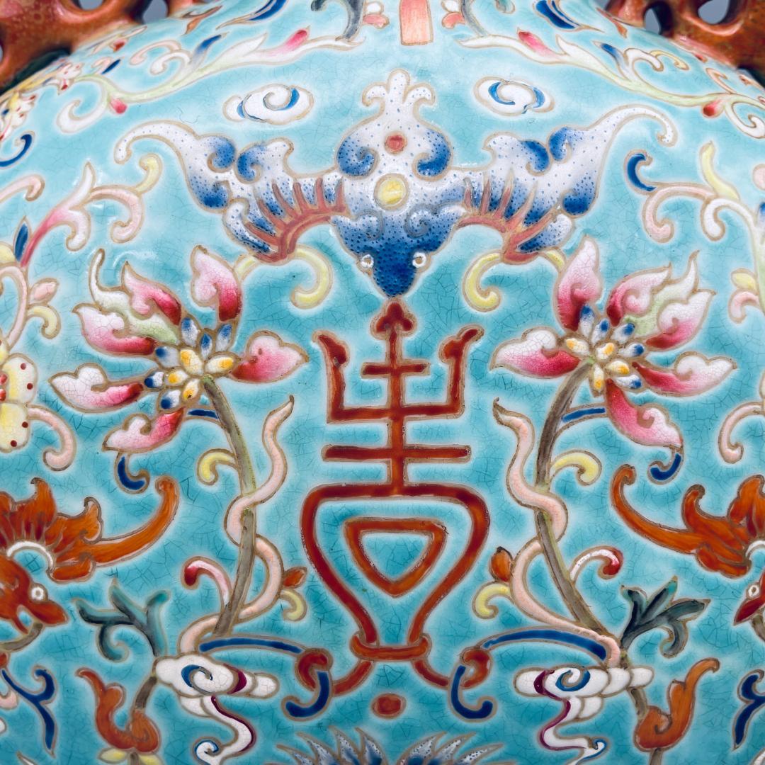 【清】陶磁器 神獣紋 大清乾隆年製 粉彩双耳花瓶 中国美術 41cm 古杉箱入