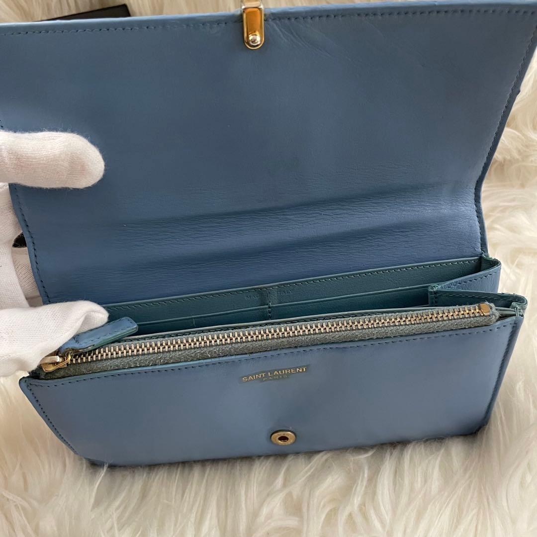 イブサンローラン YSL 二つ折り 財布 ブルー 青 ゴールド