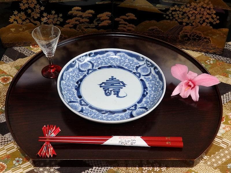 古伊万里　染付　蛸唐草に壽紋の図　６寸皿　江戸期　D075AS-BSl