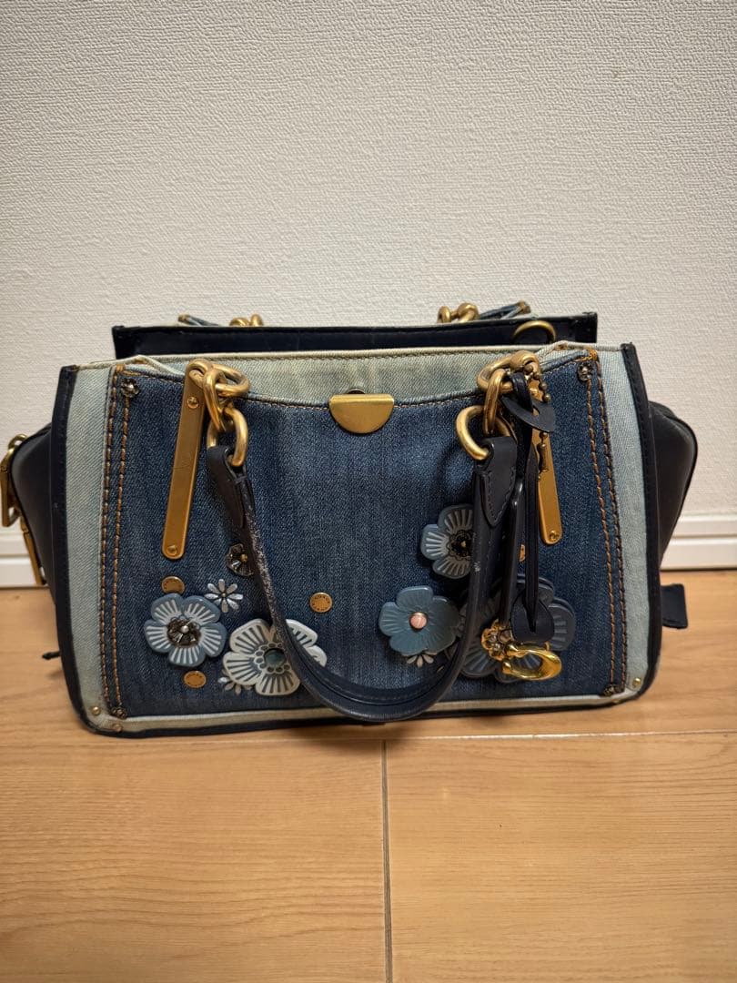 デニム花柄刺繍ハンドバッグ 中型