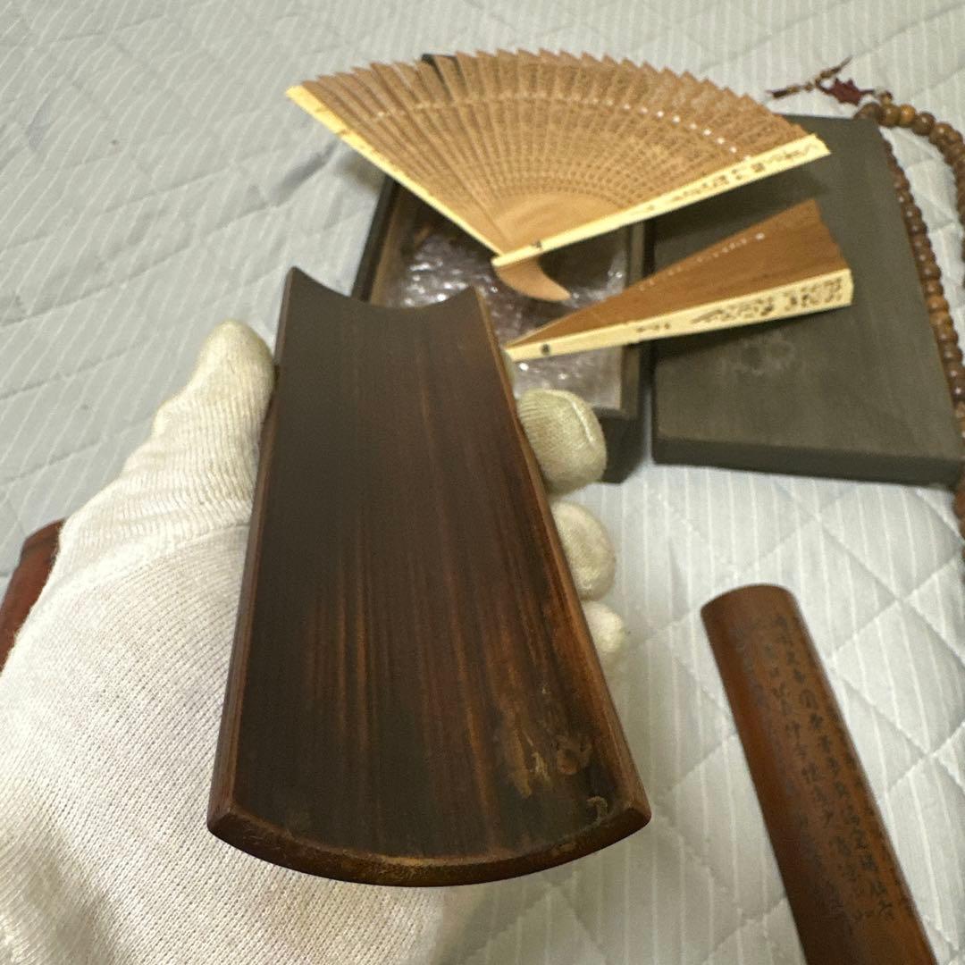 中国 日本時代物白檀念珠紫檀香筒竹彫 詩文 人物 山水 茶道具アンティークまとめ
