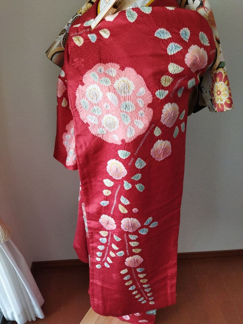 436.高級！！手仕事の花絞りと雪輪　振袖5点セット　正絹　フルセット　成人式