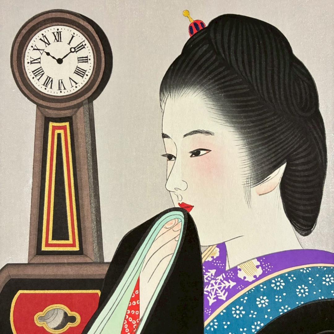 美品 伊東深水「夜会巻」木版画 美人画 額縁入り 日本画家 浮世絵師