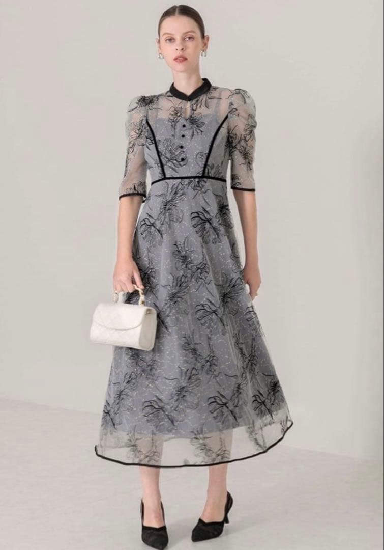 パイピングハイネック花柄ラメレースワンピースドレス結婚式二次会パーティー成人式