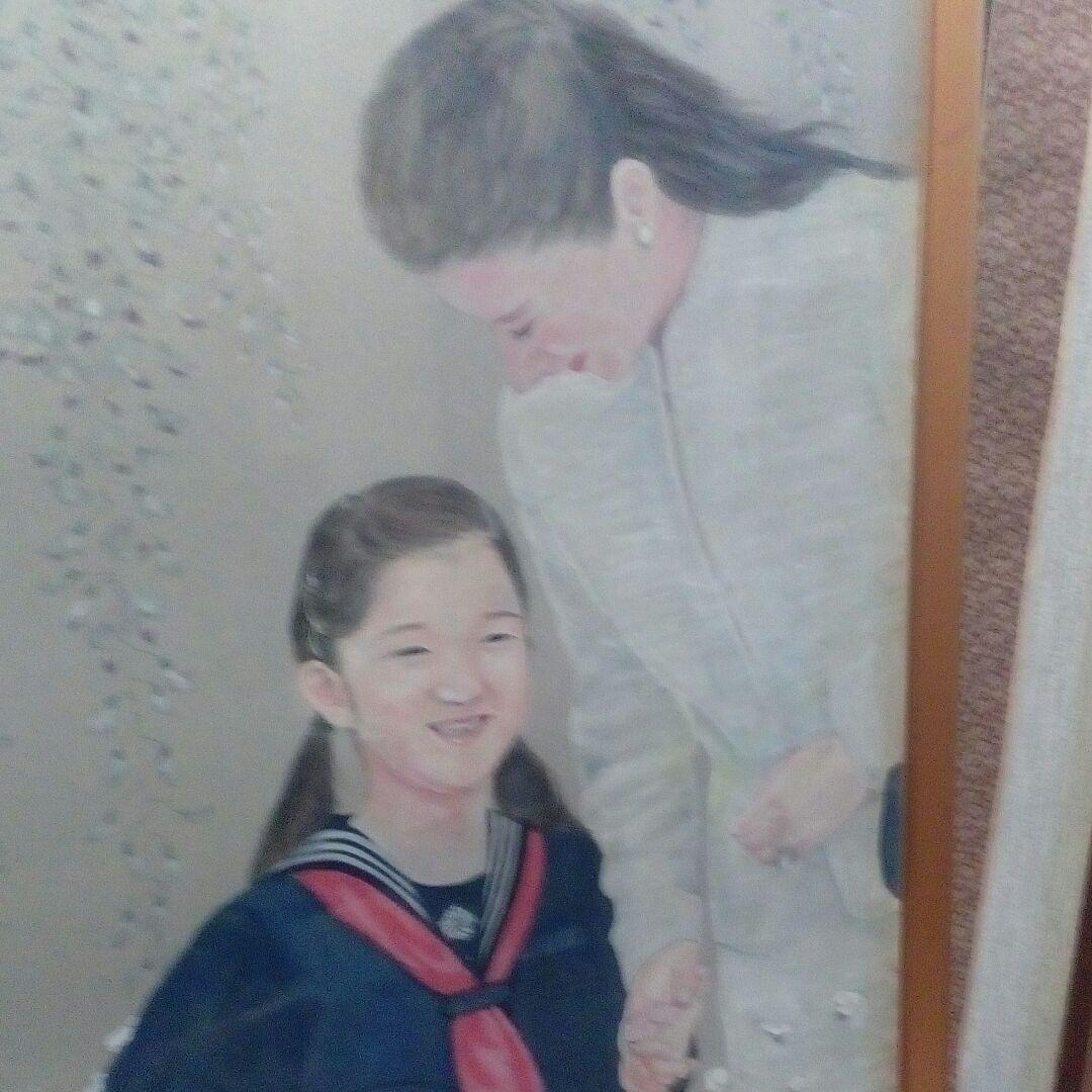 海外コレクター向天皇家雅子皇后様愛子内親王様縦７８X横６７センチ水彩画額装品