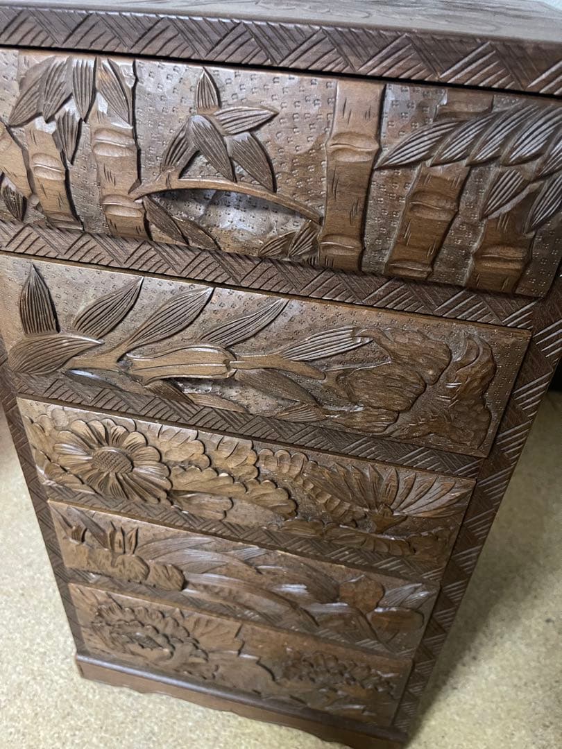 希少　アンティーク　日光彫？軽井沢彫？箪笥　5段式　引き出し　入手困難