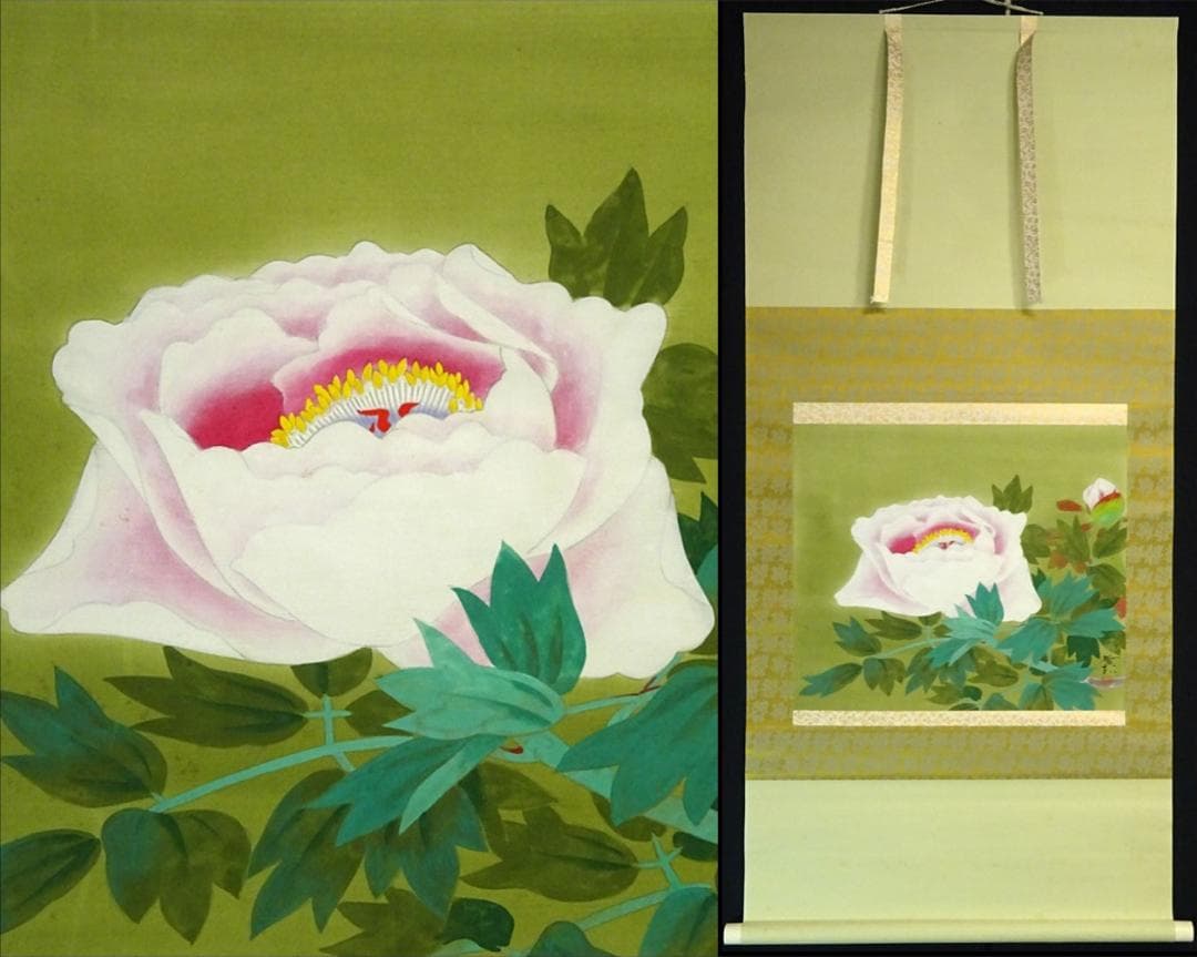 【真作】掛軸 飯島柳三郎『牡丹』絹本 肉筆 共箱付 掛け軸 a090311