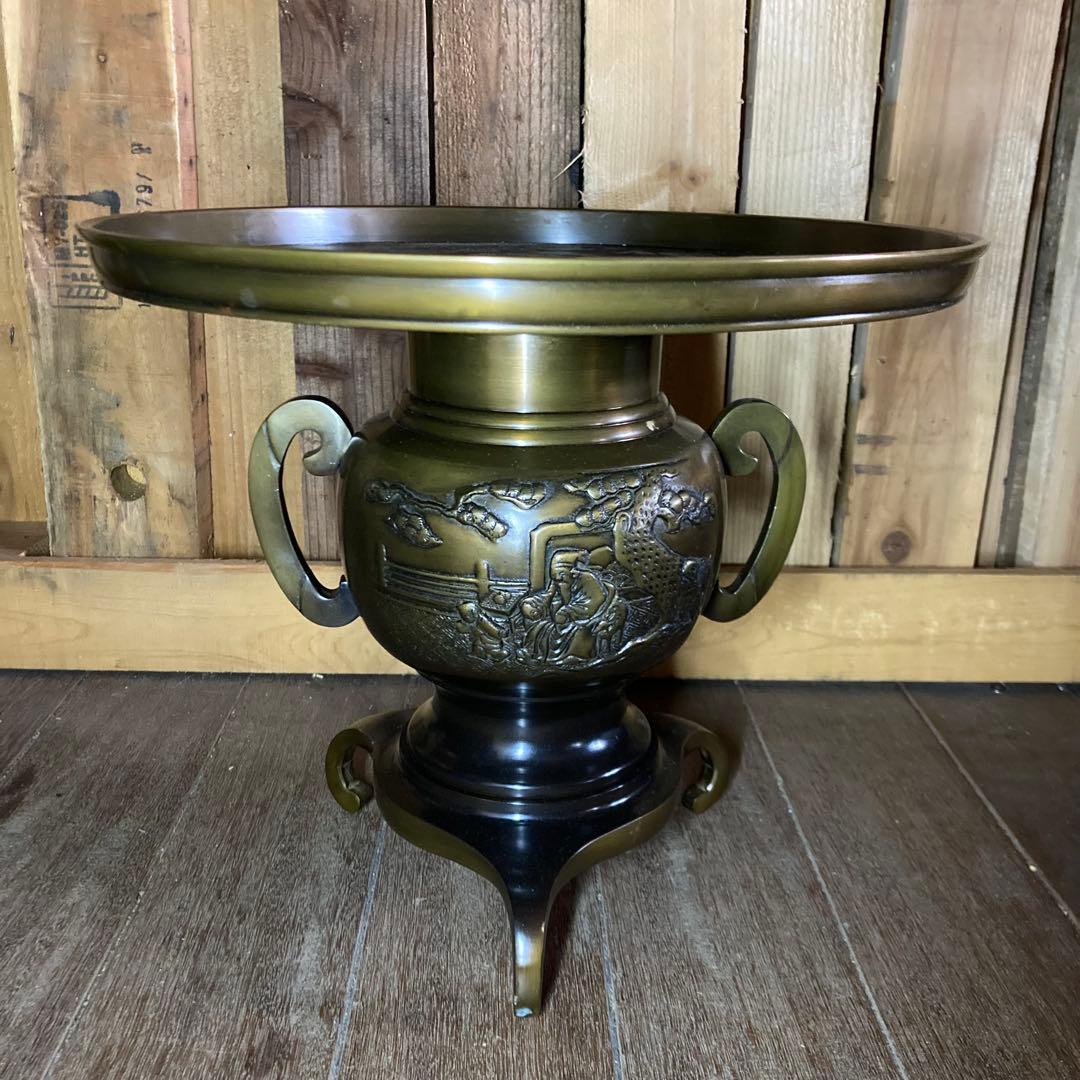 華道具　池坊　薄端　銅製花器　花入　生け花　三足　唐金製　山水　銅器　インテリア