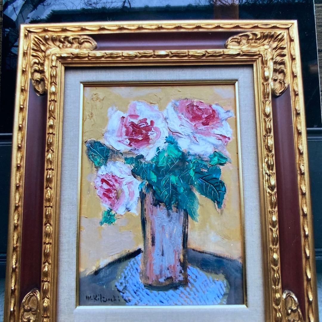 画家菊地正則「三輪のバラ」(ピエールロンサン)絵画　油彩画　額付き　F4 美品
