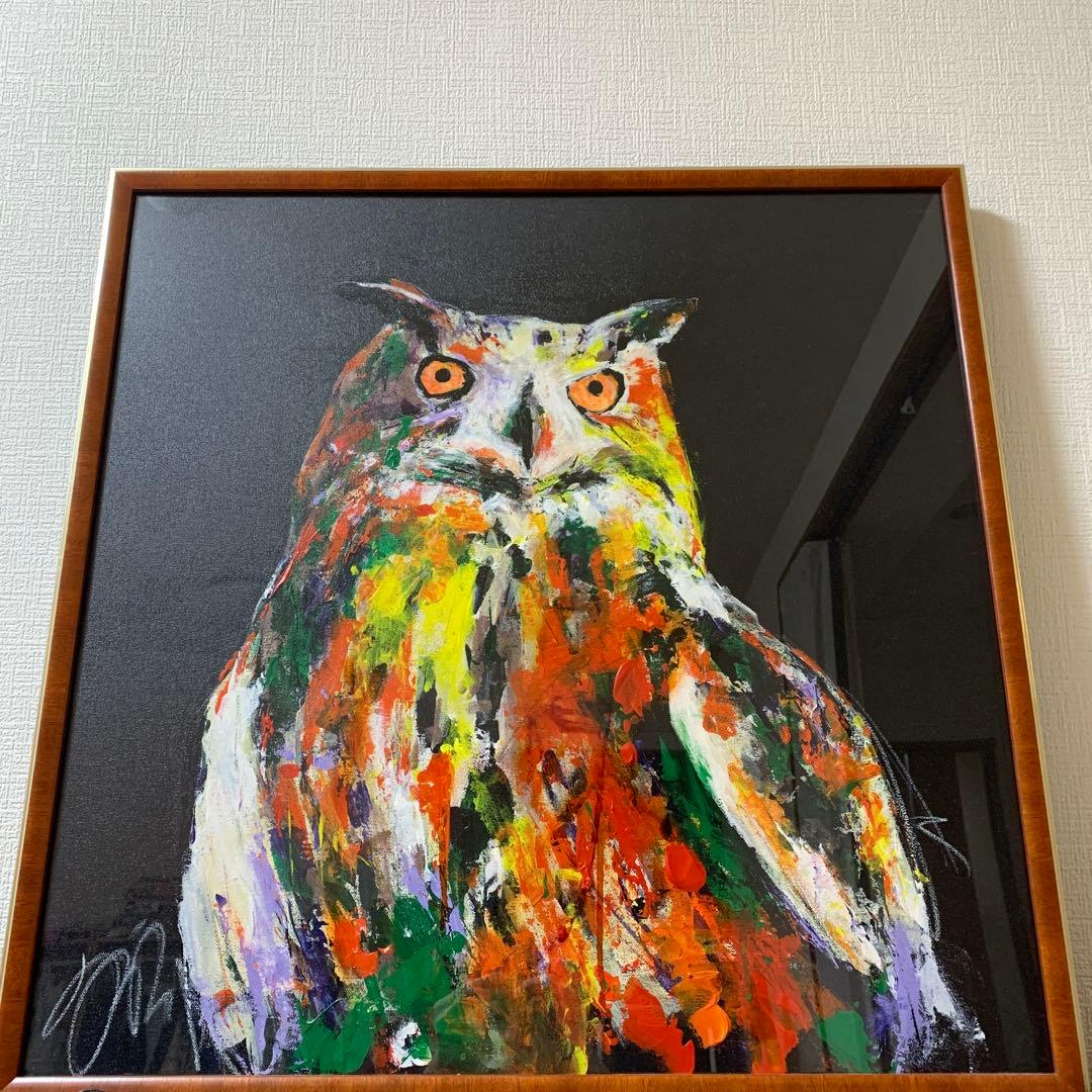 フクロウの抽象画 木製フレーム付き　スプレーアート