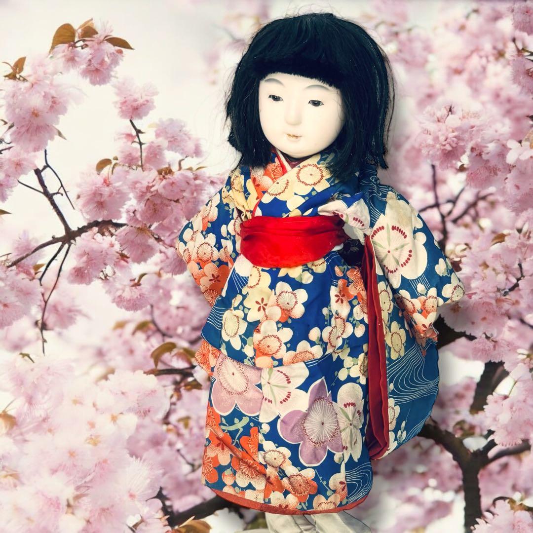 市松人形 明治期 三つ折れ ふいご 山桜 青縮緬着物 花柄 ガラス目 希少 泣き