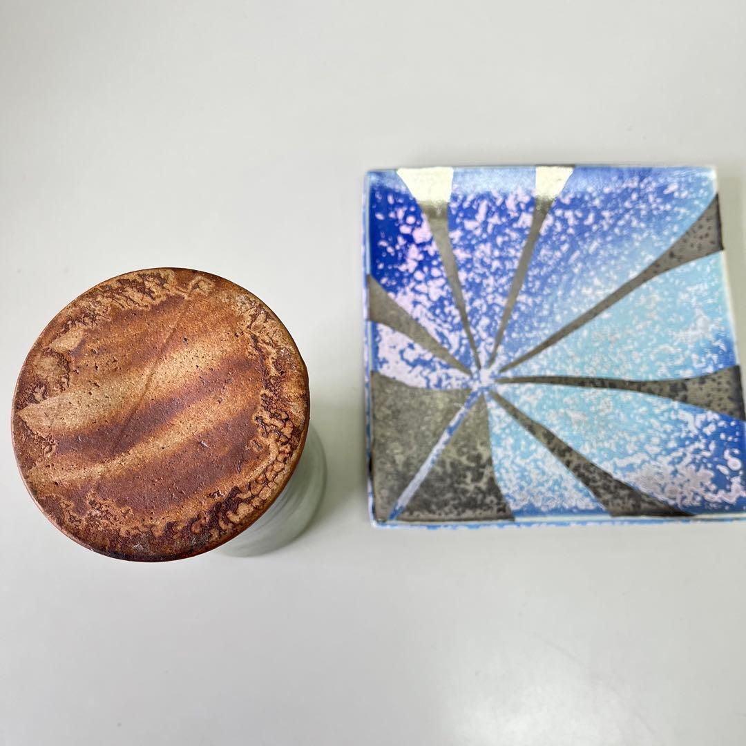 作家物　益子焼　浜田晋作　掛合釉　花生　花器　花瓶　　瀬戸浩　銀彩　板皿　作家