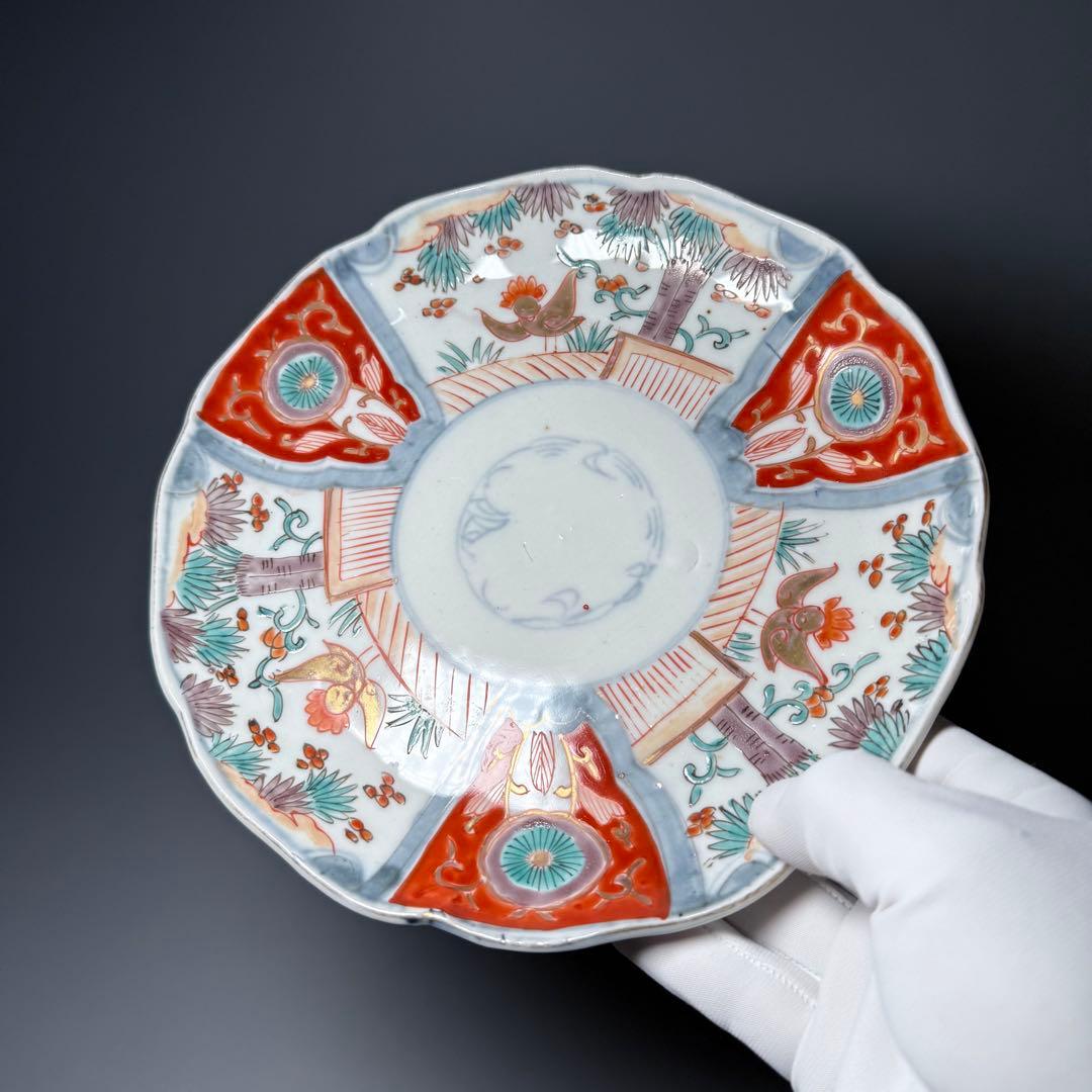 古伊万里　色絵花鳥図輪花形七寸皿　松竹梅　裏巻物文様　江戸期　金蘭手　最後の四枚