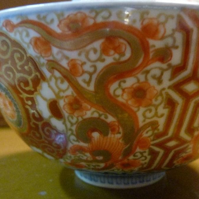 骨董　大明成化年製　古伊万里　錦蓋碗　5客セット　木箱付き