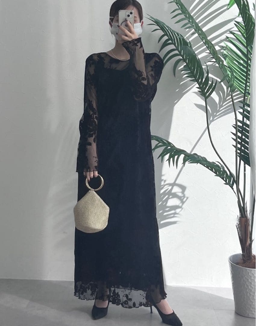 Callarus 2way ベロアフロッキープリーツ ワンピース ドレス 黒