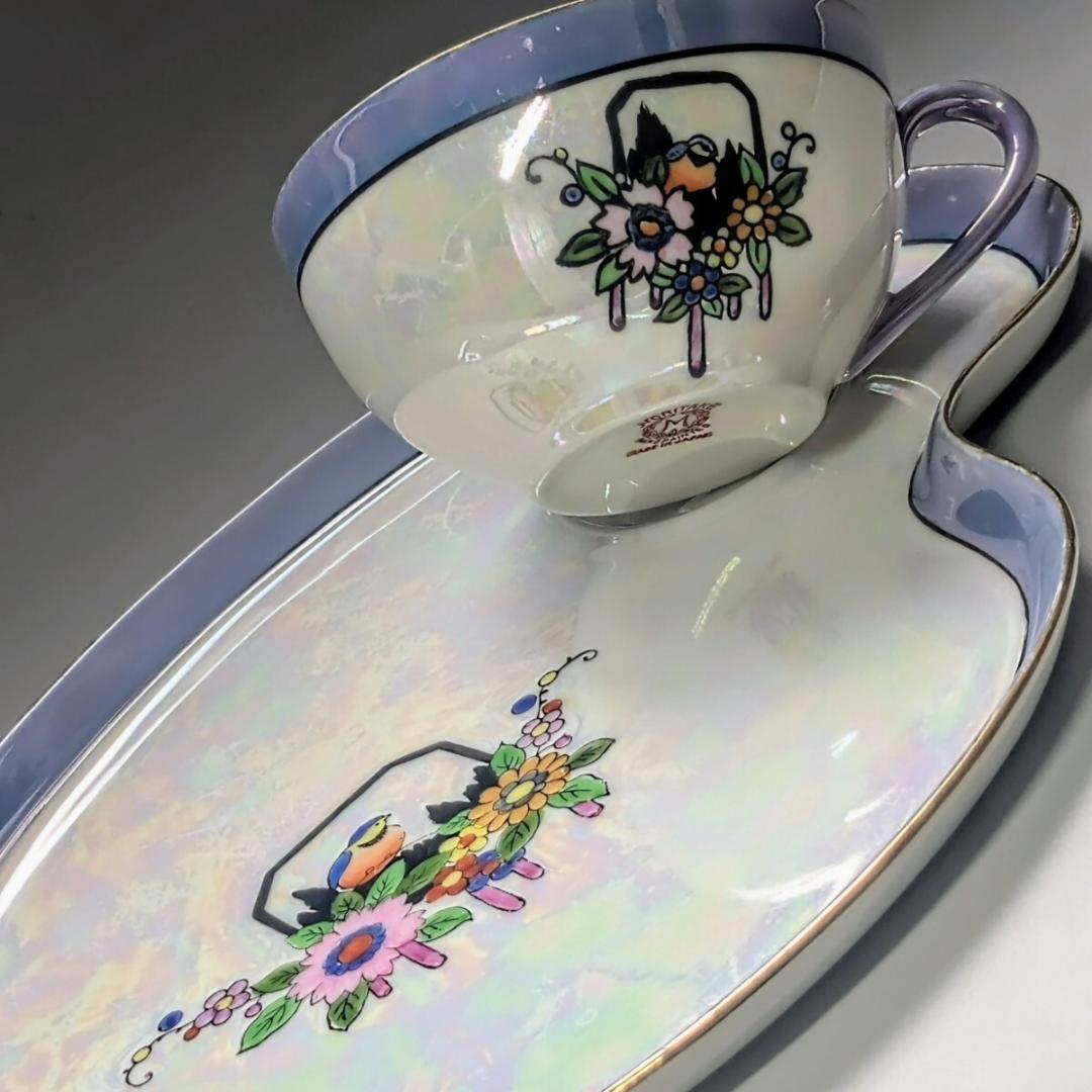 オールドノリタケ アールデコ期 虹ラスター彩 南国鳥と花絵柄の スナックセット