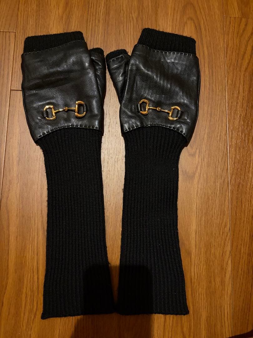 GUCCI レザー ニット 指なし手袋 黒