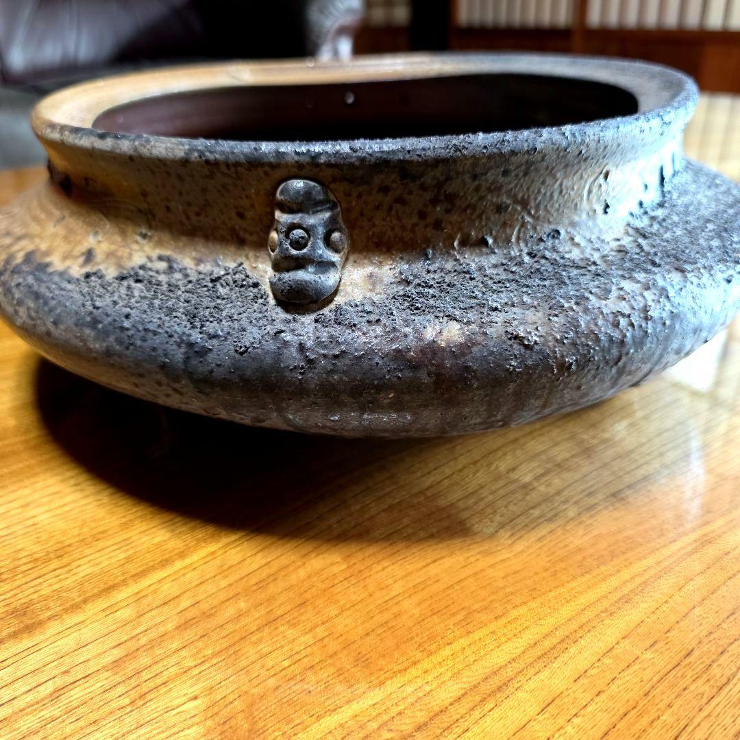 備前焼　藤原陶臣作　三点猫足/三つ足付　水盤　花器　花生