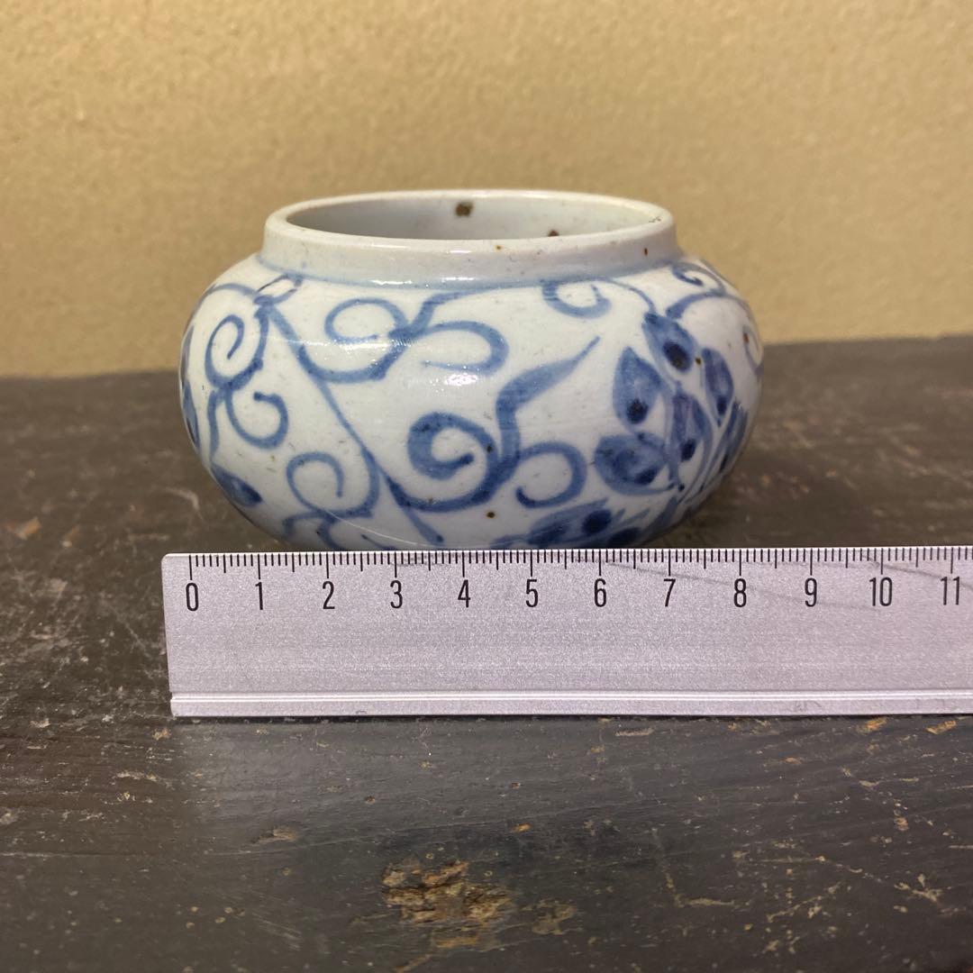 中国古玩　染付草花文水滴