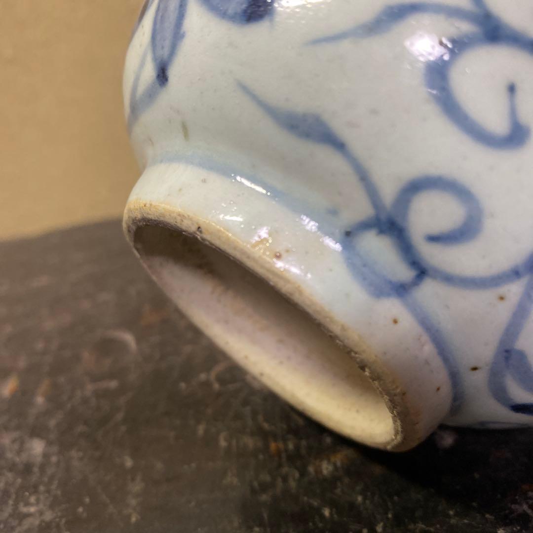 中国古玩　染付草花文水滴