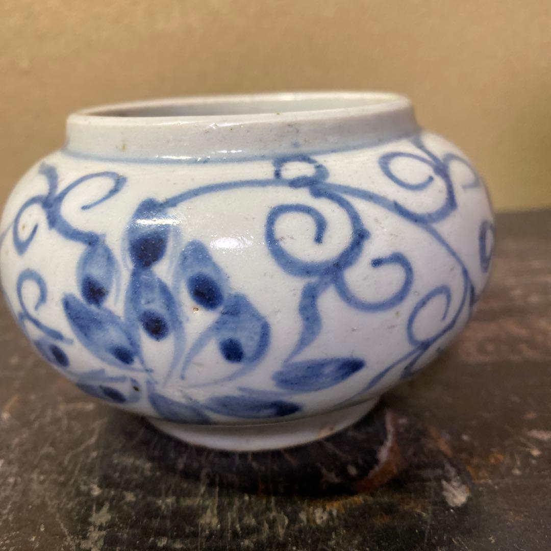 中国古玩　染付草花文水滴