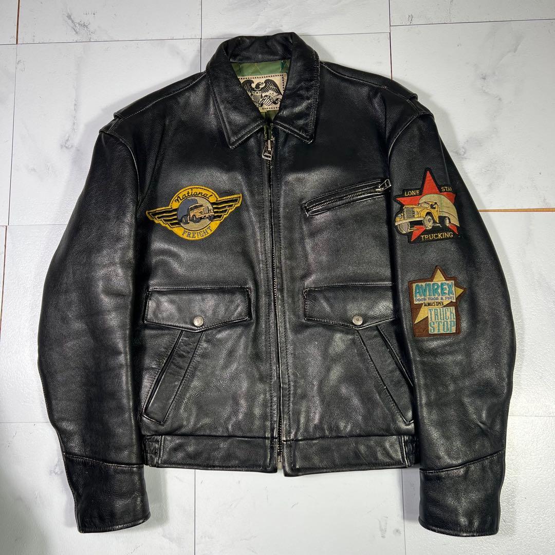 AVIREX レザージャケット ワッペン ブラック 黒 S 裏地キルティング