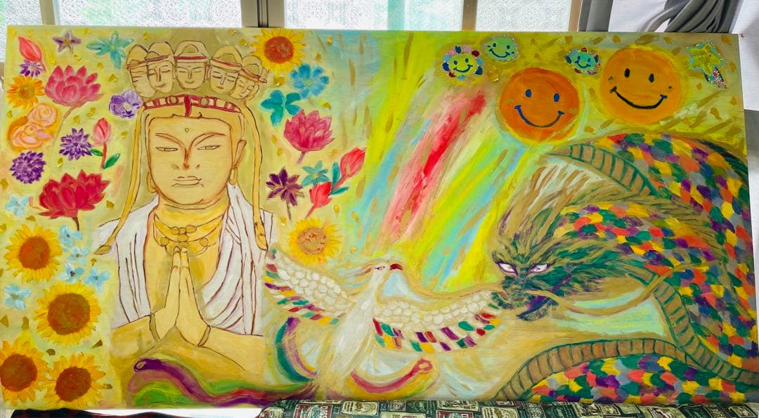 ⭐️龍　絵画　手書きアート　花　パワー元気な光　壁掛け絵