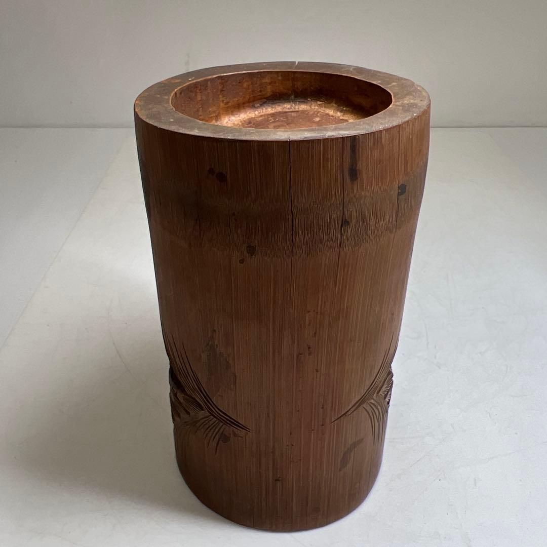 時代竹製浮彫筆筒　高さ14㎝　東Y7-0606①タエオ