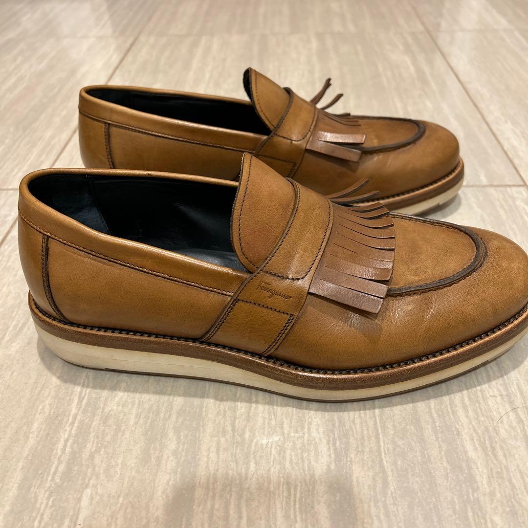 FERRAGAMO フェラガモ ブラウンレザー フリンジローファー UK7 2E
