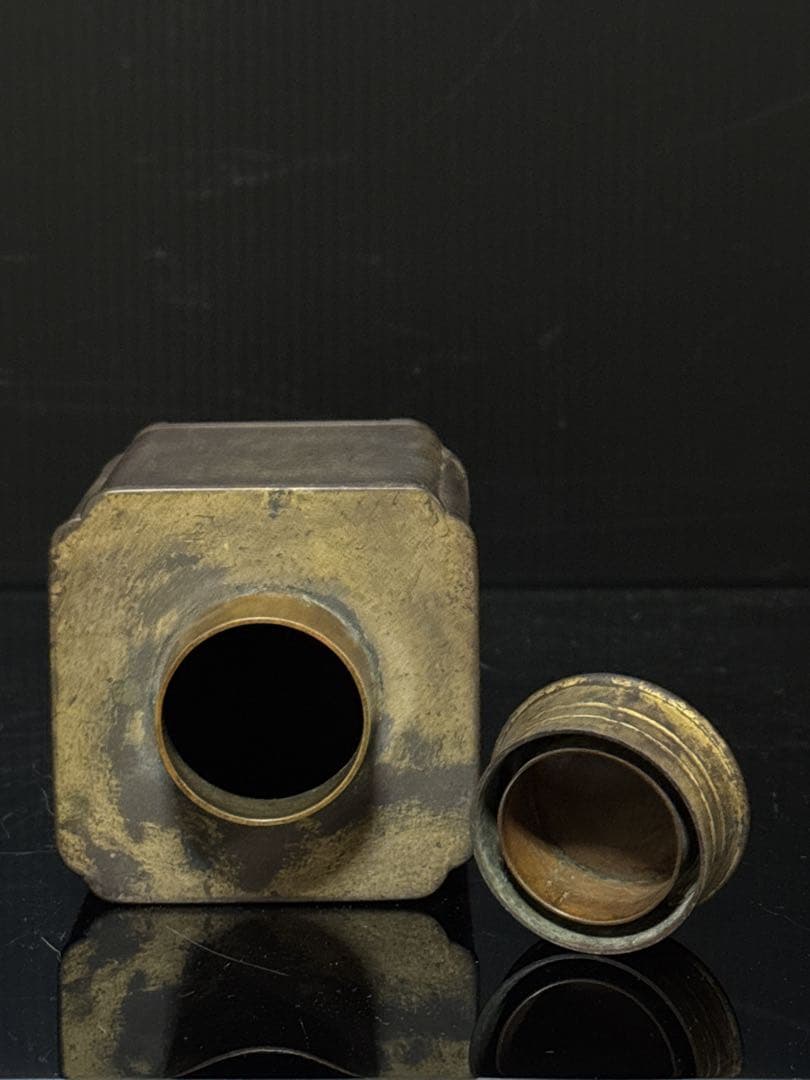 極上 平安 金星堂 造 古銅製 鍍金草華紋 四方型 茶壷 茶入 桐箱付