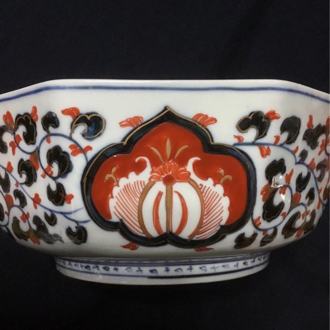 伊万里焼 色絵 草花紋様 八角 八寸深鉢 /骨董/時代物