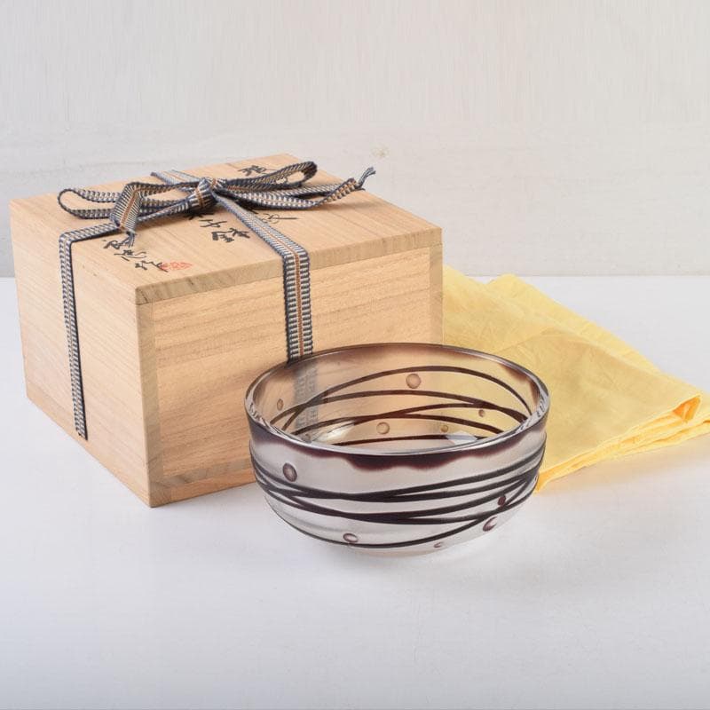 ガラス工芸　荒木良忠作　玻璃彫刻　銅赤流水文　菓子鉢　共箱　C　9187