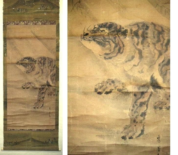 ♥【真作】　掛軸　三尾 暁峯　猛虎図　掛け軸　虎　寅　骨董　古玩