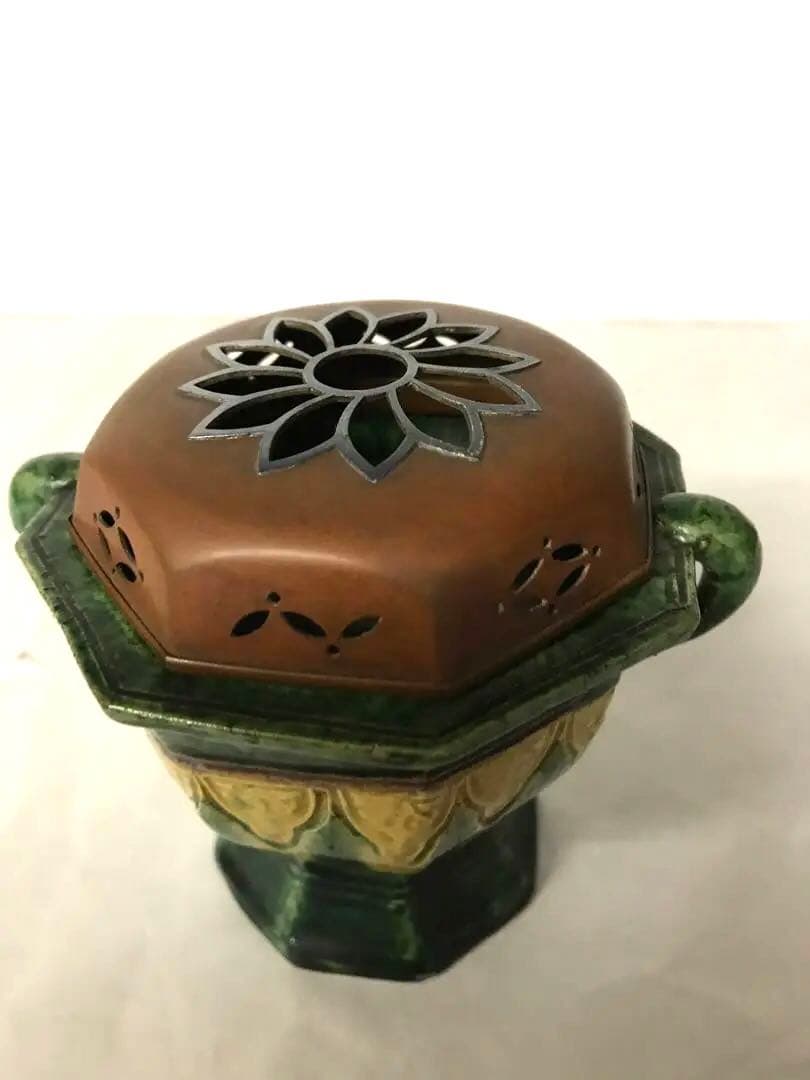 銅蓋付交趾焼香炉