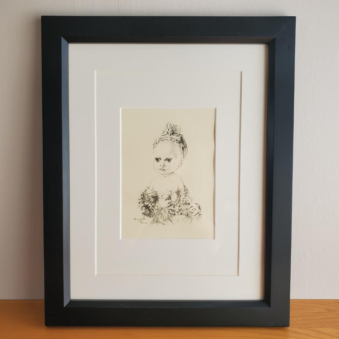 藤田嗣治 猫と少女 1951 Paris 石版画 リトグラフ 君代コレクション